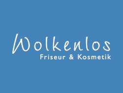 Logo von Wolkenlos Friseur & Kosmetik auf blauem Hintergrund.