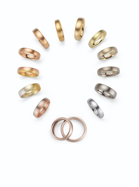 Kreisförmig angeordnete Ringe aus verschiedenen Metallen, darunter Gold, Silber und Roségold, Graugoldnuancen und Platin.