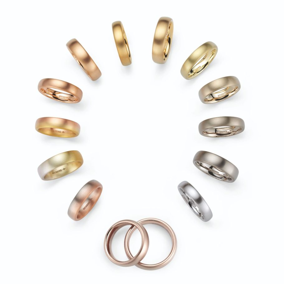 Zwölf Ringe in verschiedenen Farben und Materialien, zwei Eheringe in der Mitte.